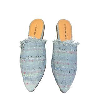 Lucky Brand Shoes Bapsee Chambray Fringe Mules slip-on Light Blue Summer Casual